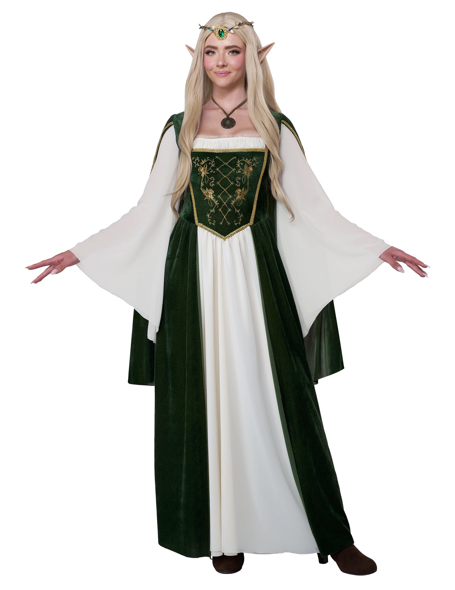 Déguisement de reine elfique pour femme vert et blanc avec manches évasées