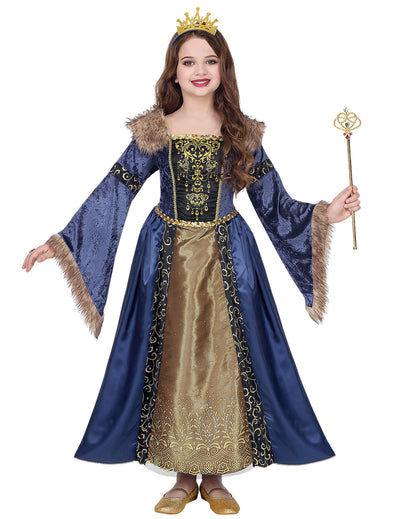 Déguisement reine médiévale hivernale pour fille bleu et doré avec détails de fourrure