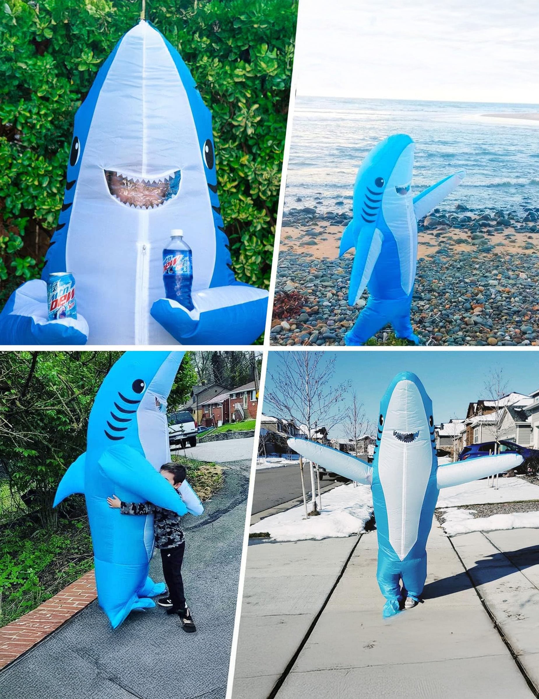 Différentes vues et mises en situation du déguisement gonflable requin pour adulte