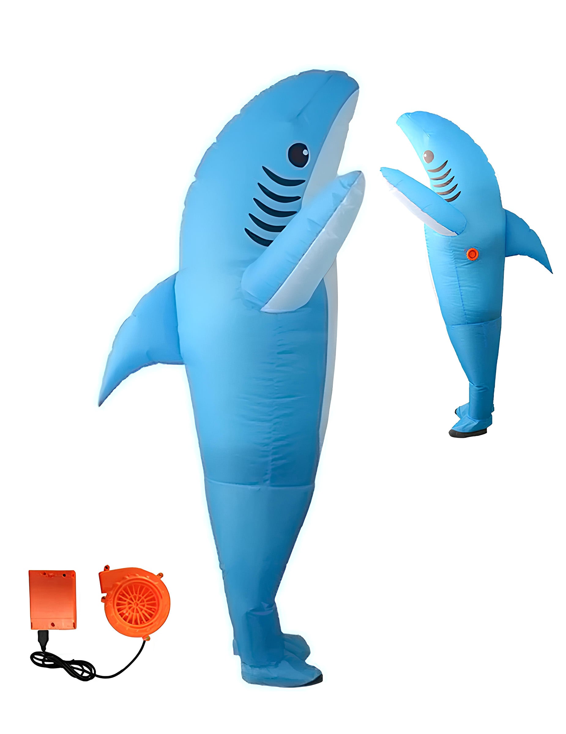 Vues de profil et système de gonflage du déguisement gonflable requin pour adulte