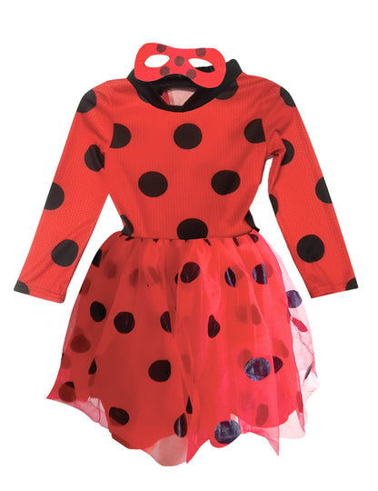 Vue de face avec masque du déguisement robe avec jupon Ladybug Miraculous