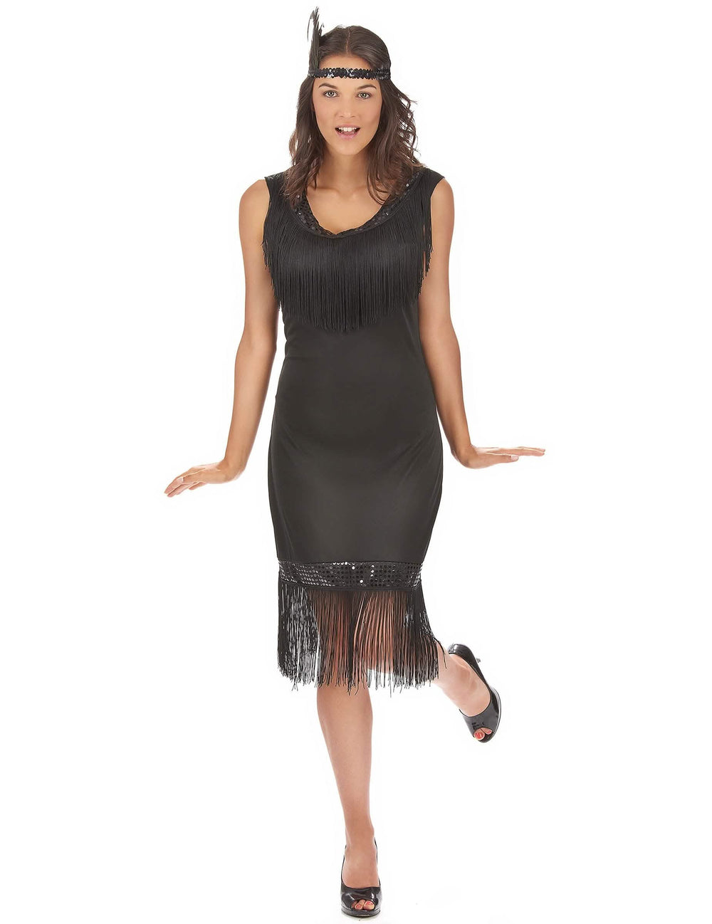 Déguisement des années 20 pour femme noir à franges et sequins avec bandeau