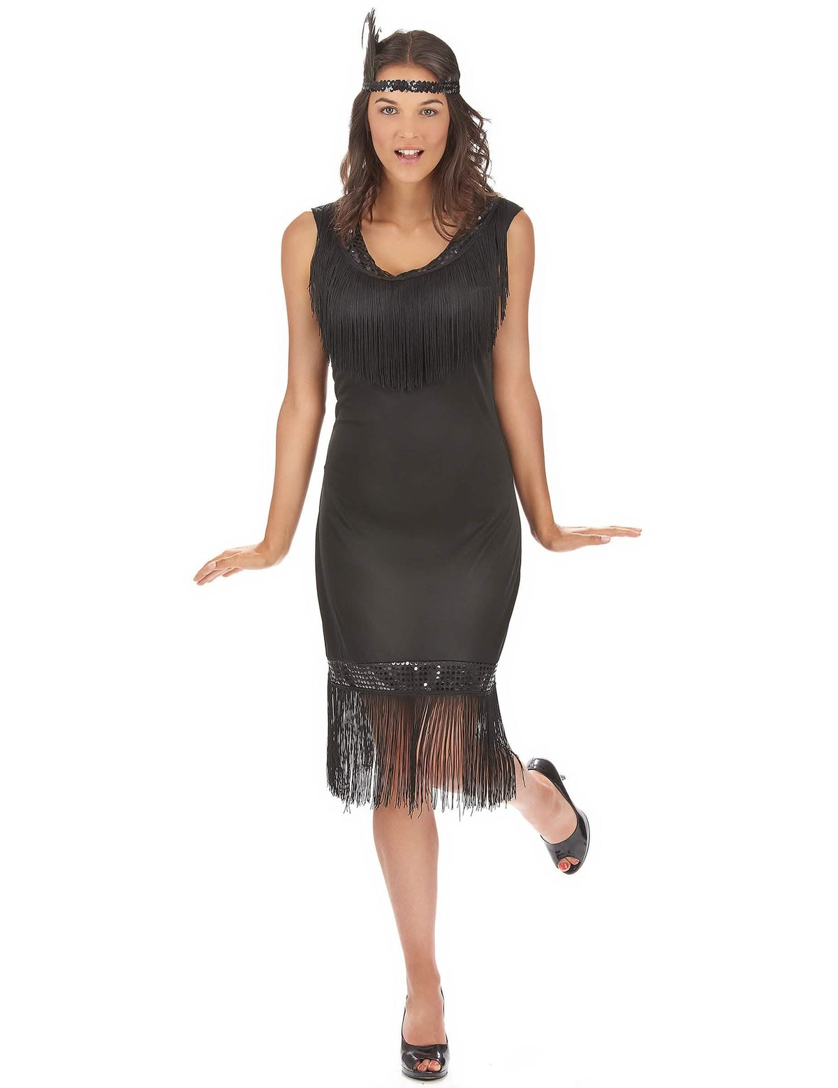 Déguisement des années 20 pour femme noir à franges et sequins avec bandeau