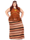 Déguisement robe hippie longue pour femme grande taille marron à motifs zigzags