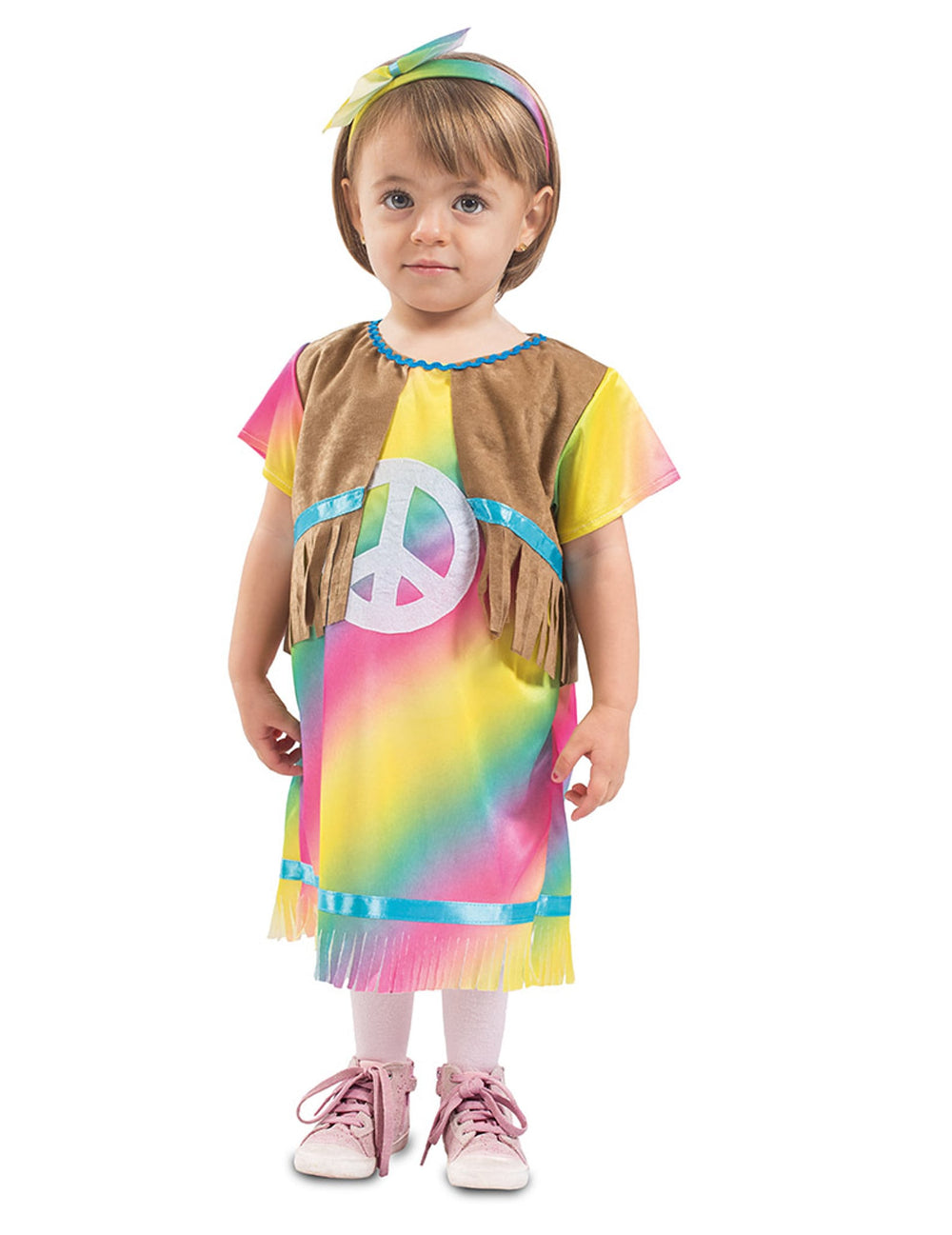 Déguisement robe hippie pour bébé multicolore avec gilet à franges