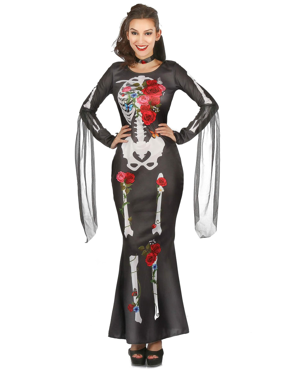 Pukeutumismekko pääkallo Dia De los Muertos naisille musta punaisilla kukilla