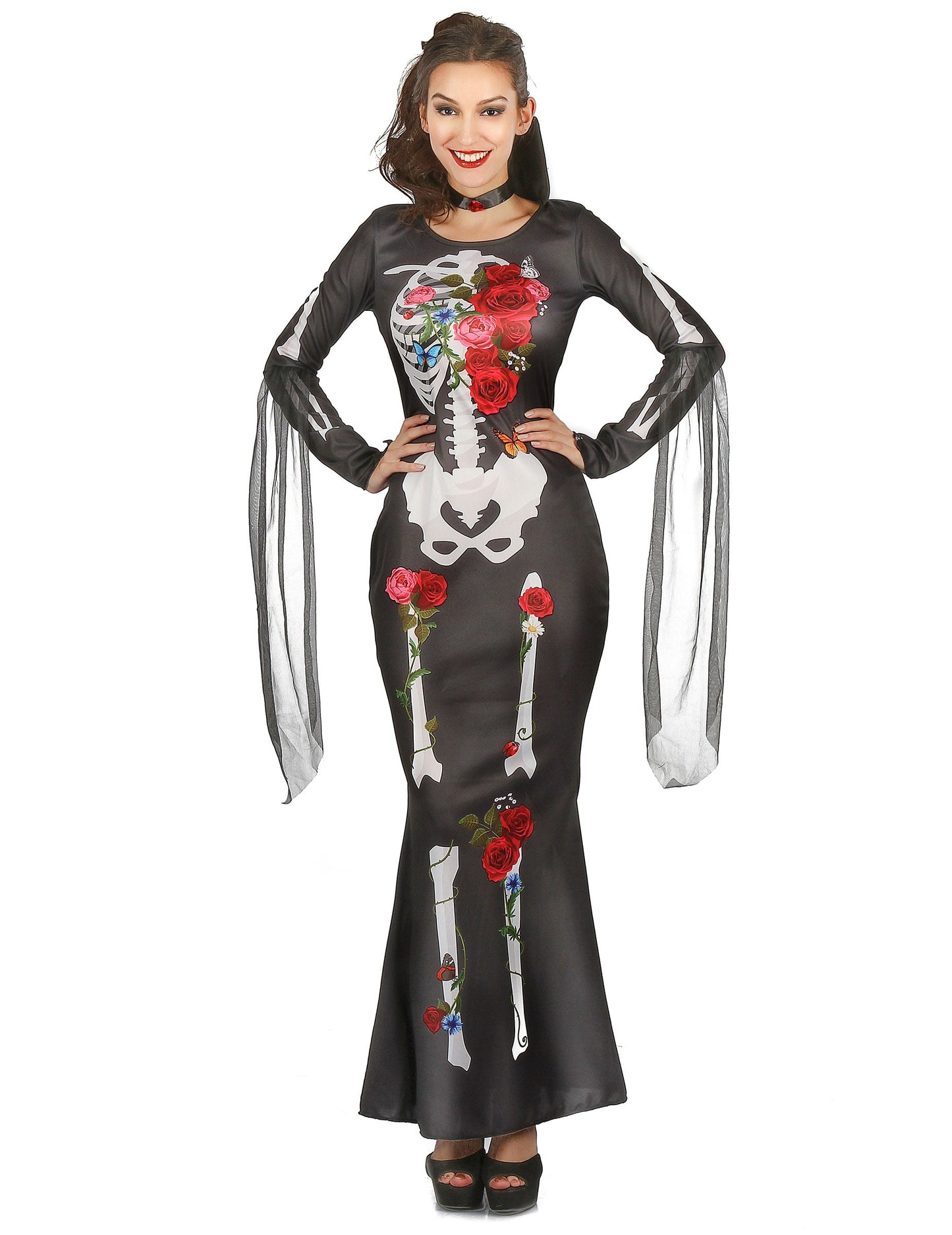 Déguisement robe squelette Dia De los Muertos pour femme noire avec fleurs rouges