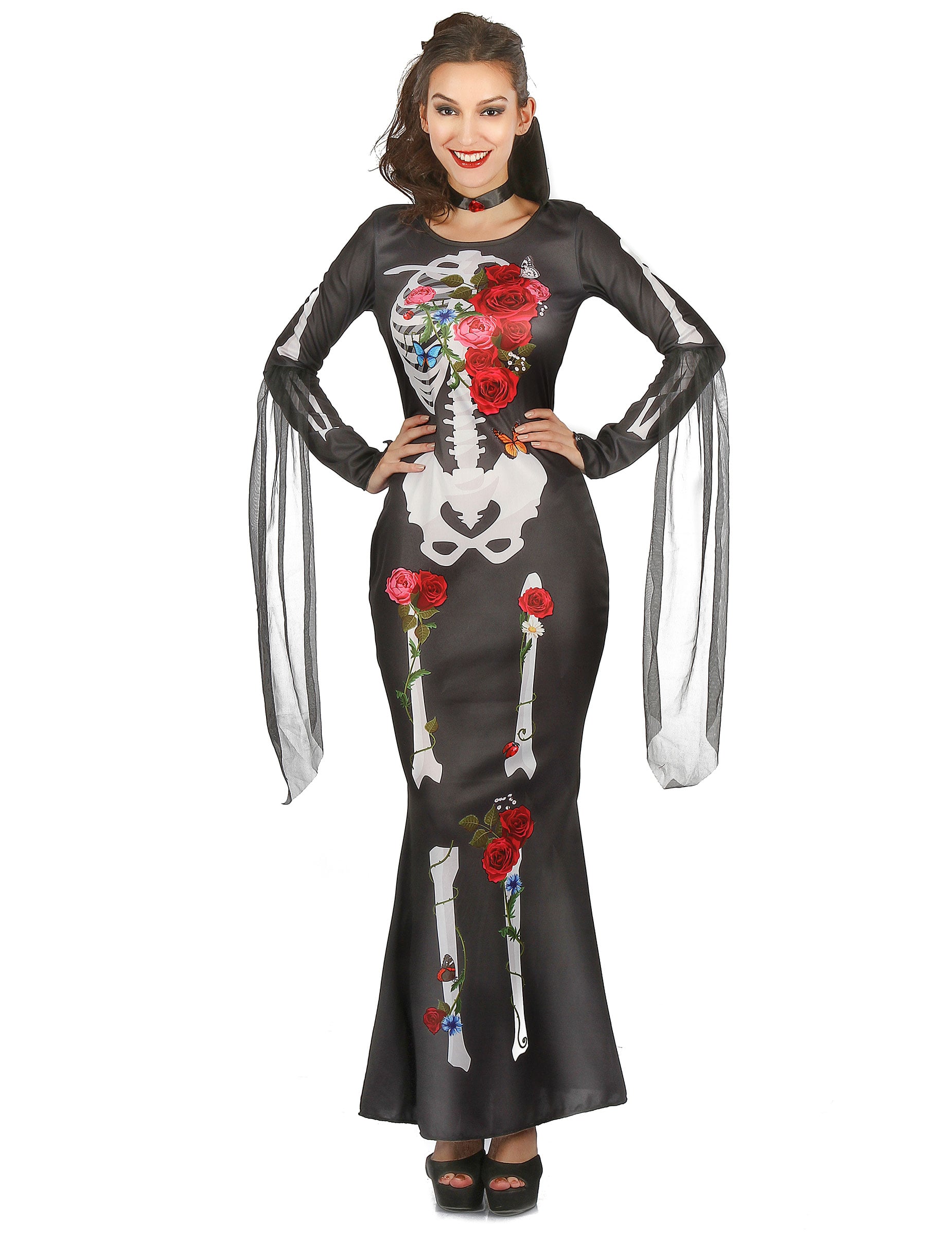 Déguisement robe squelette Dia De los Muertos pour femme noire avec fleurs rouges