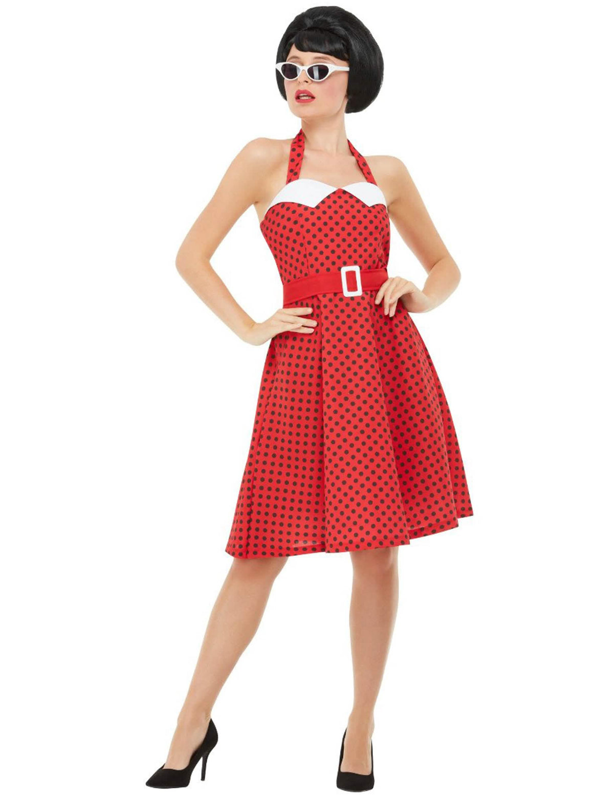 rockabilly 50-luvun naisten punainen pilkullinen asu mustilla pilkuilla