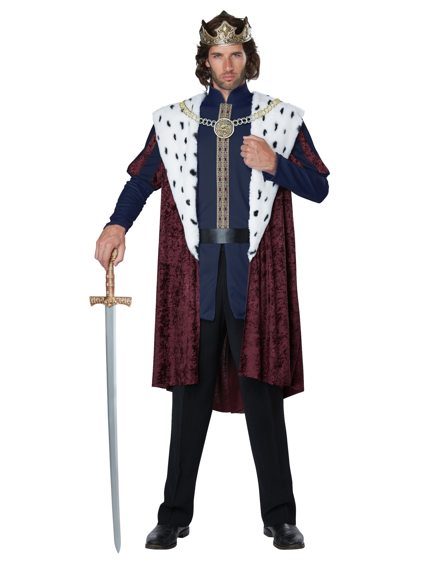 Déguisement roi de conte de fée luxe pour homme bordeaux et bleu avec cape en fausse fourrure