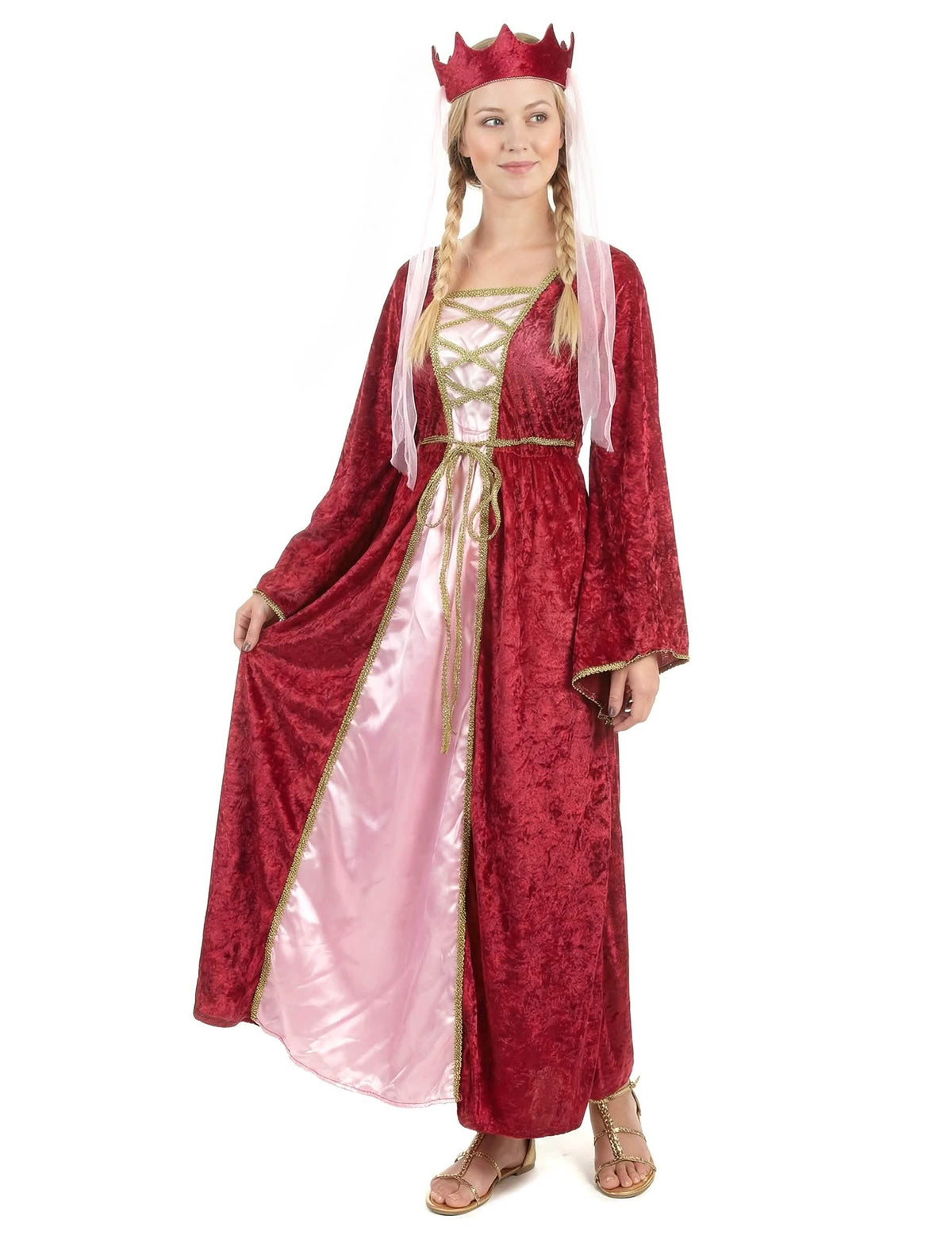 Déguisement de reine médiévale pour femme rouge et rose avec couronne