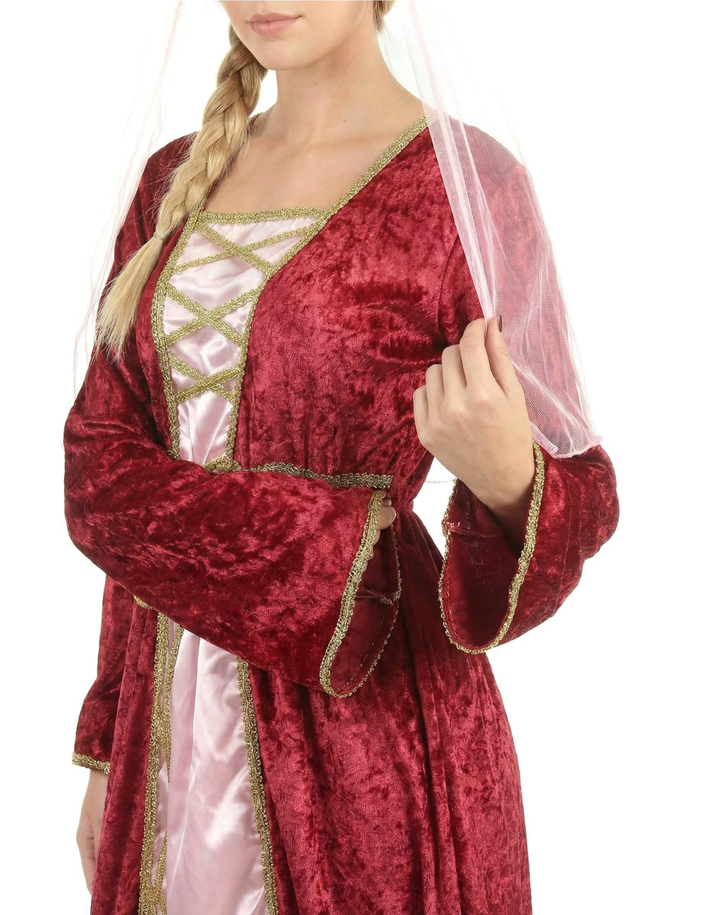 Détail du buste et du laçage doré du déguisement de reine médiévale