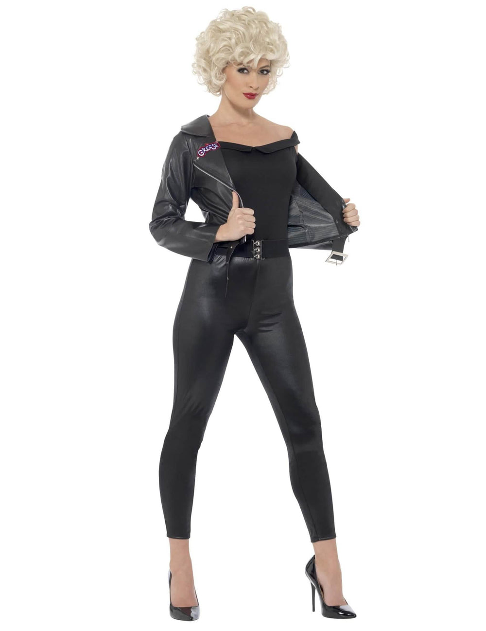Déguisement Sandy Grease™ pour femme noir avec veste en simili cuir