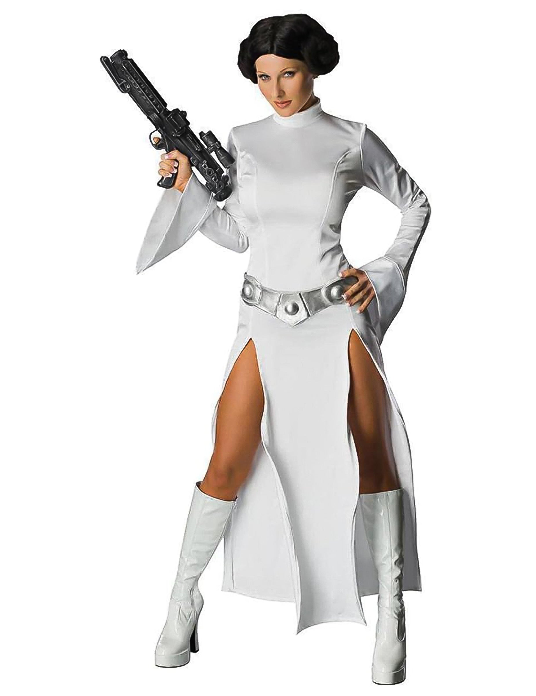 Vue de face avec blaster du déguisement sexy princesse Leia Star Wars