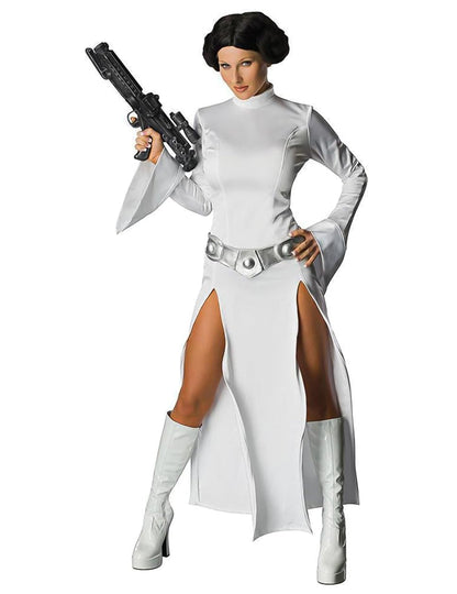 Vue de face avec blaster du déguisement sexy princesse Leia Star Wars