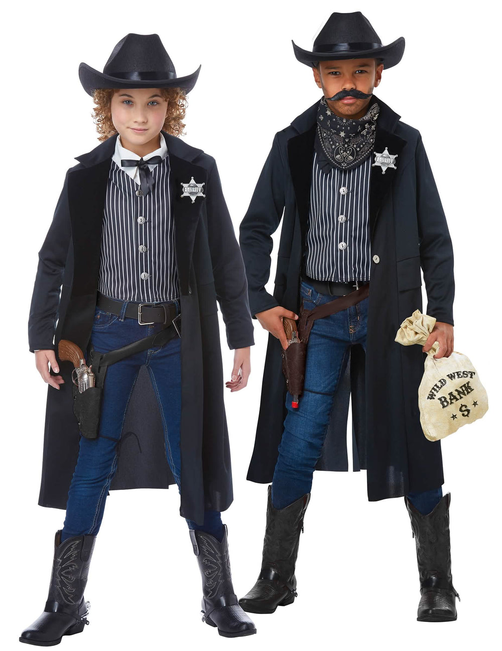 Déguisement de shérif pour enfant avec long manteau noir et gilet rayé