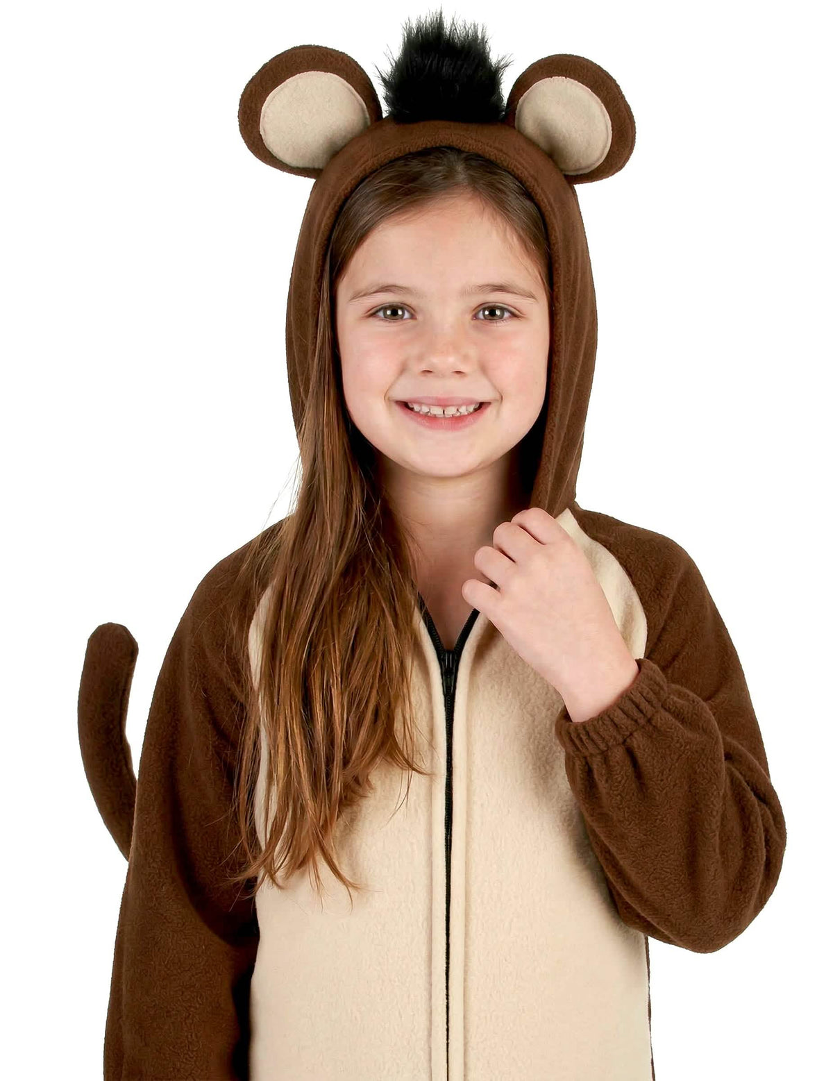 Zoom sur la capuche à oreilles du déguisement de singe avec queue pour enfant