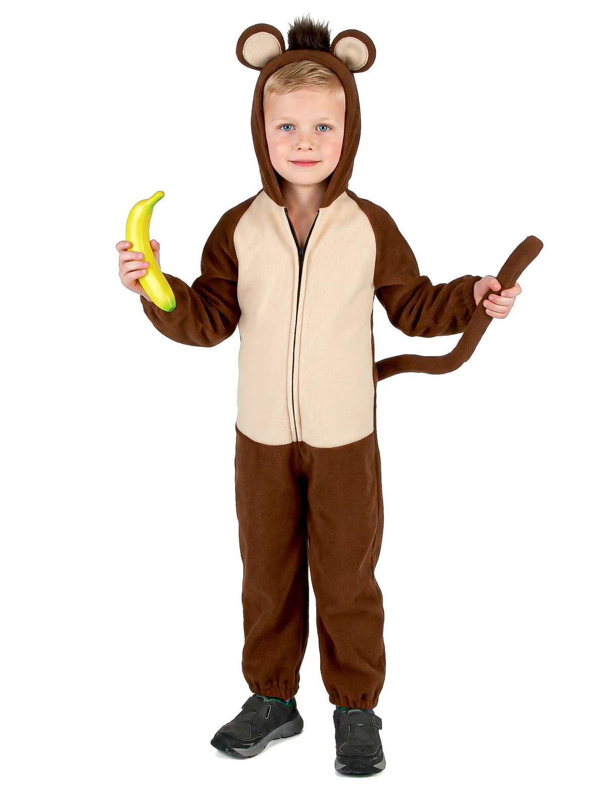 Vue de face avec accessoire banane du déguisement de singe avec queue pour enfant