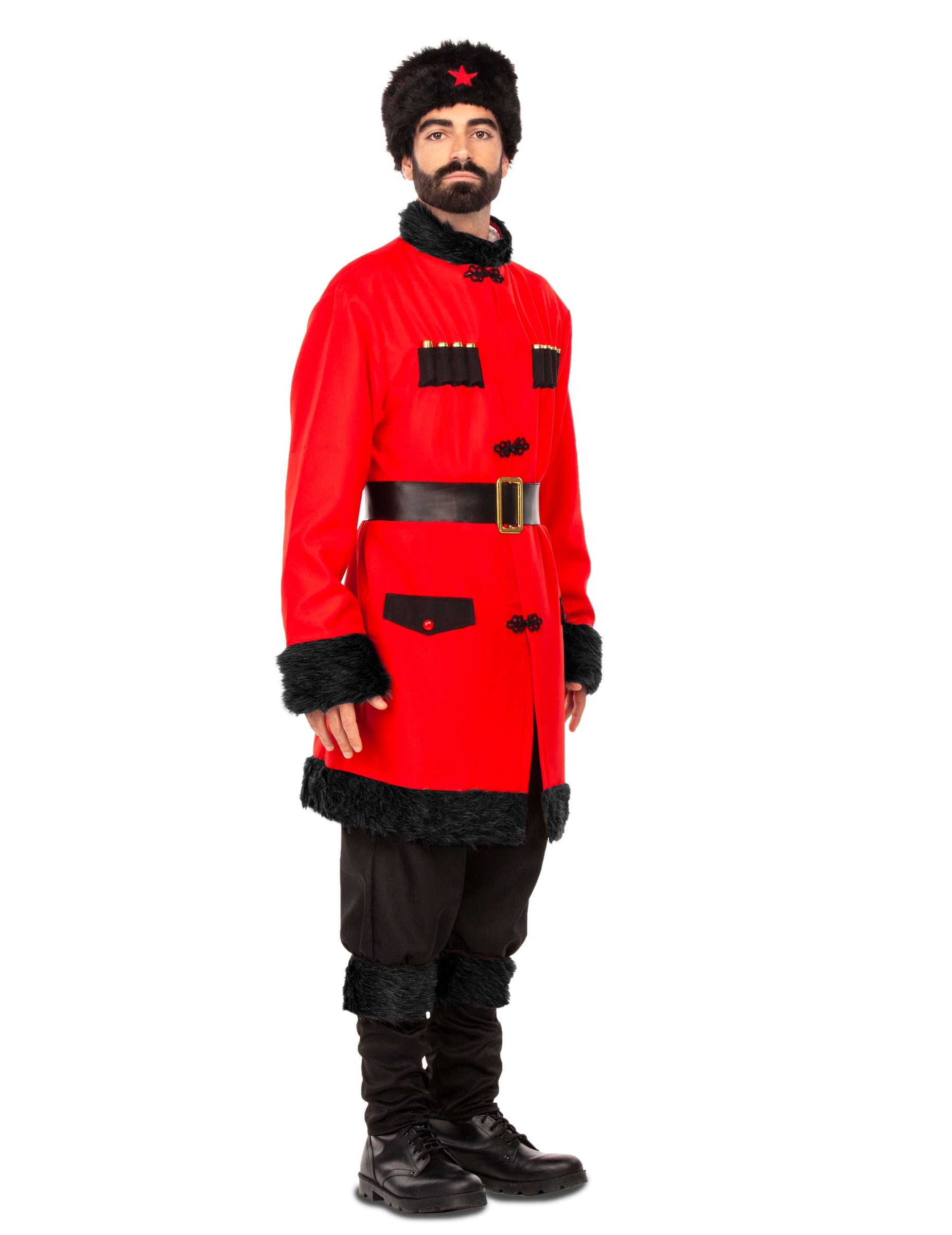 Déguisement de soldat russe pour homme rouge et noir avec toque à étoile