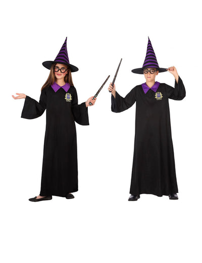 Déguisement de sorcier écolier pour enfant noir et violet avec chapeau et lunettes
