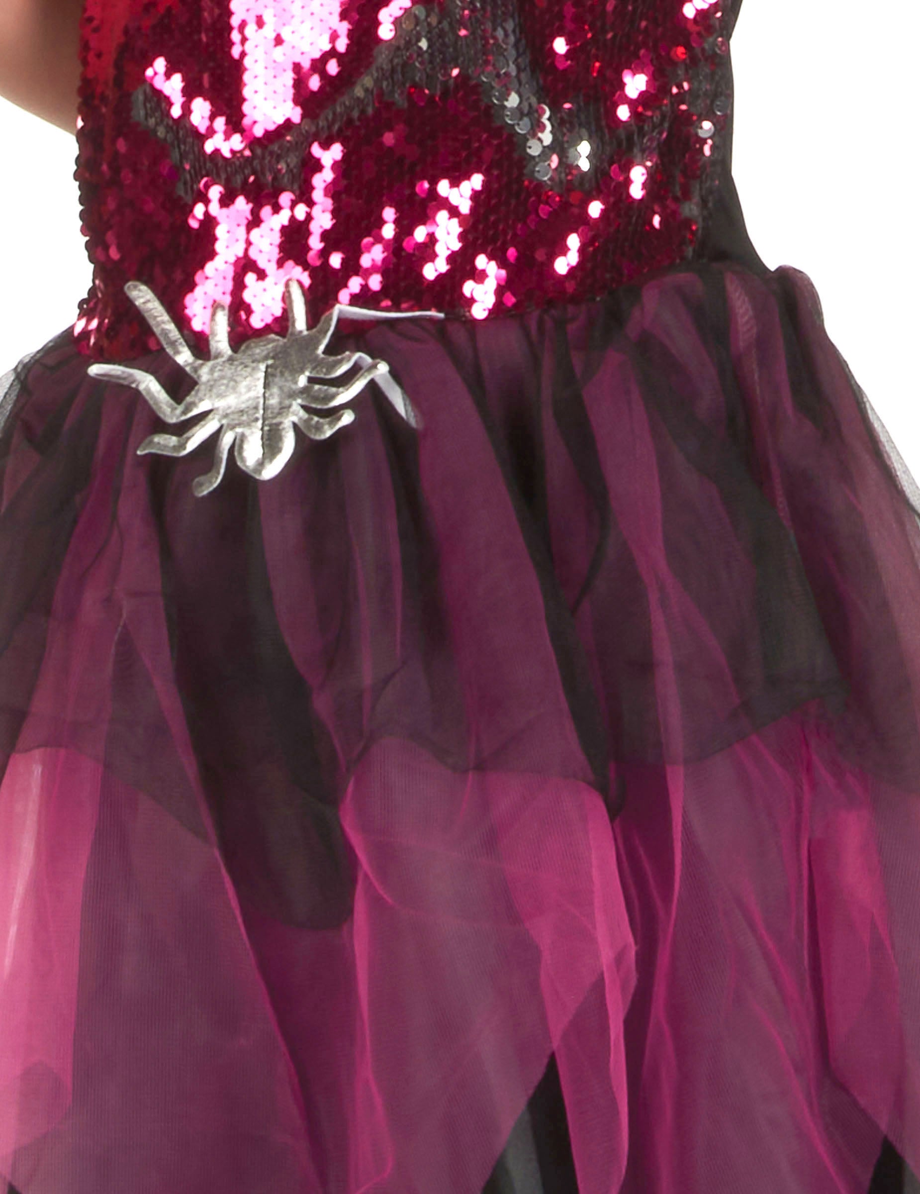 Détail de l'araignée et des sequins du déguisement de sorcière à sequins pour fille