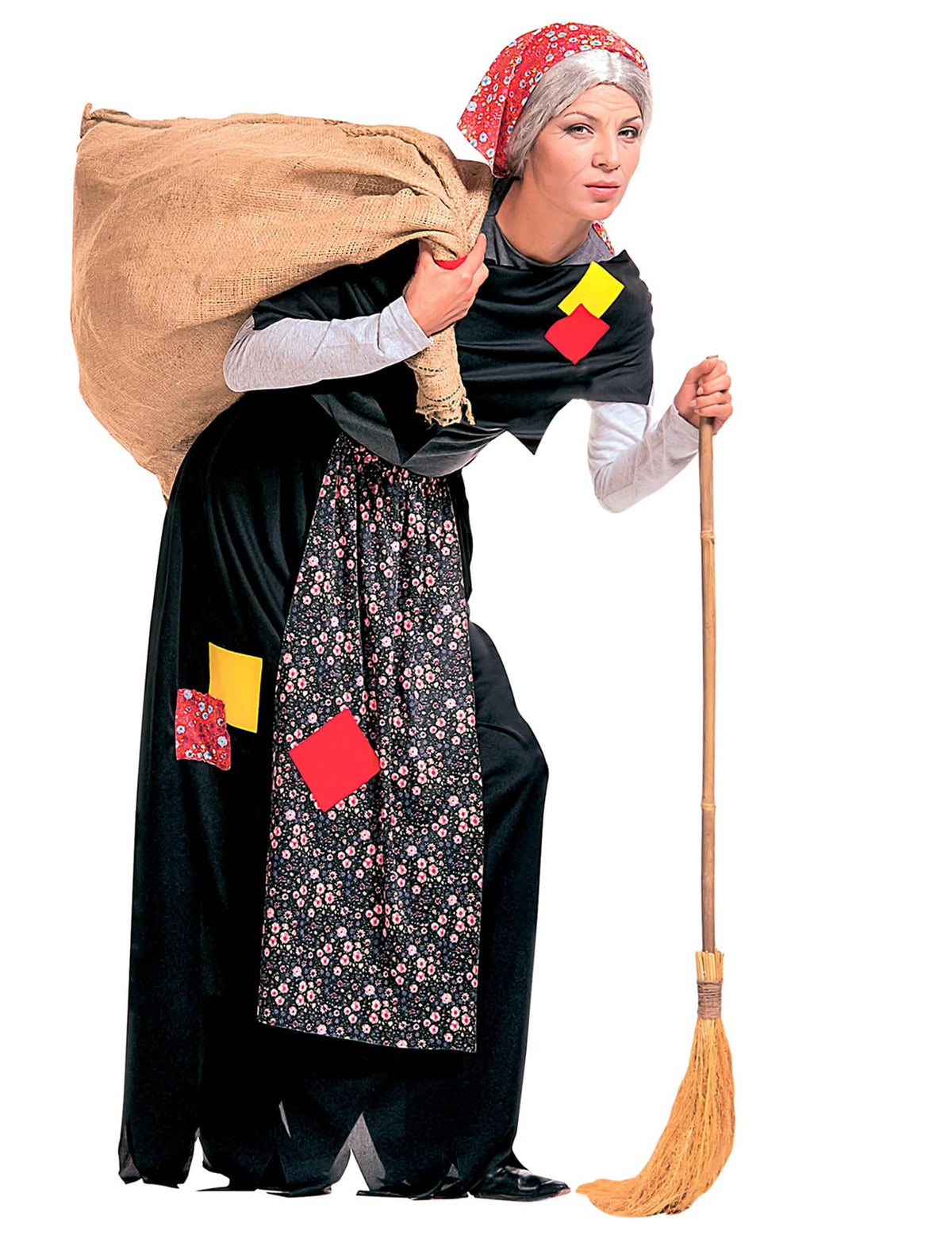 Noidan befana-asu aikuiset musta ja monivärinen punaisella huivilla ja luudalla