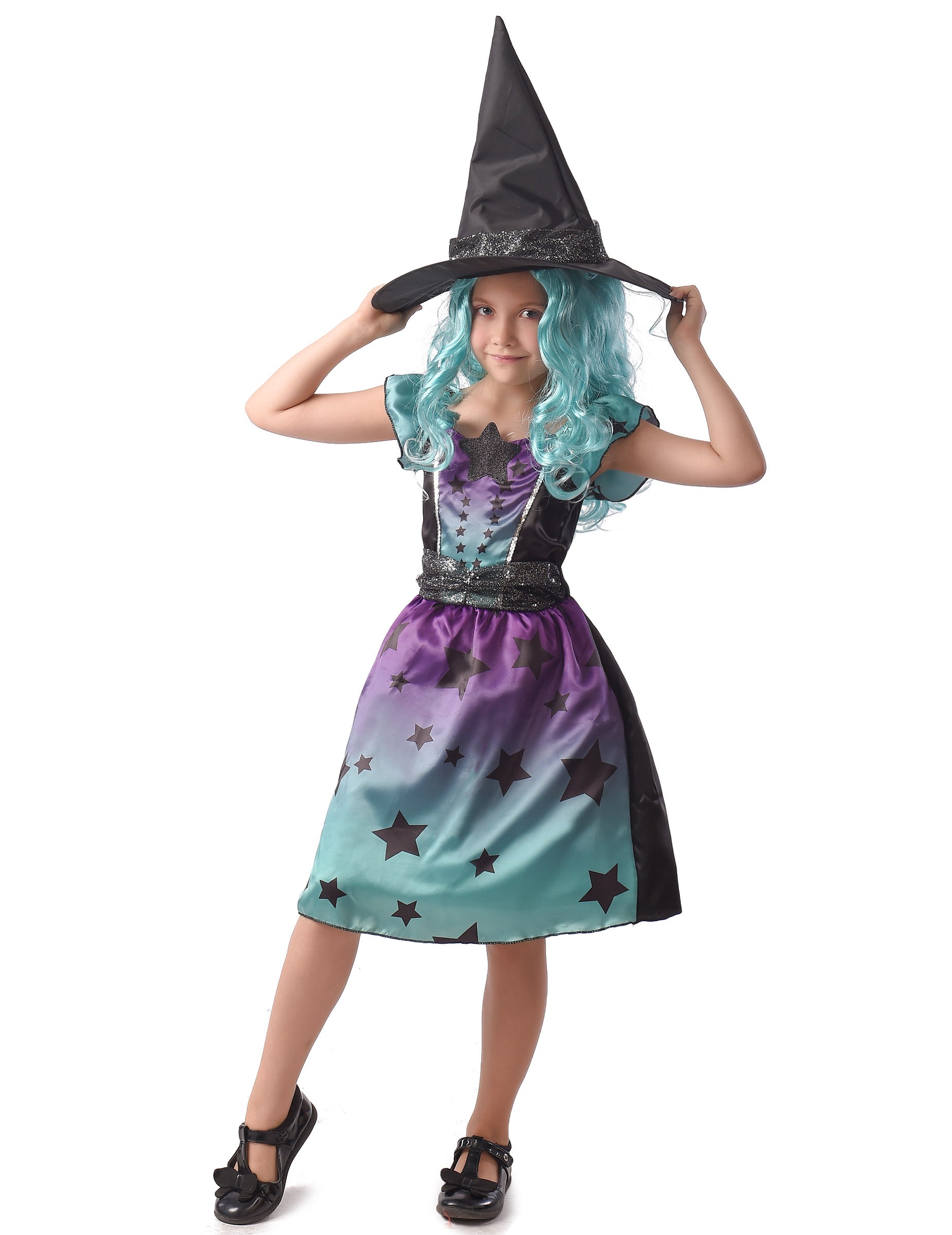 Déguisement de sorcière pour fille bleu et violet avec chapeau à étoiles