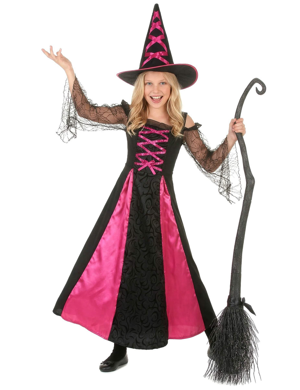 halloween-noita-asu tytöt musta ja vaaleanpunainen teräväreunaisilla yksityiskohdilla hatulla