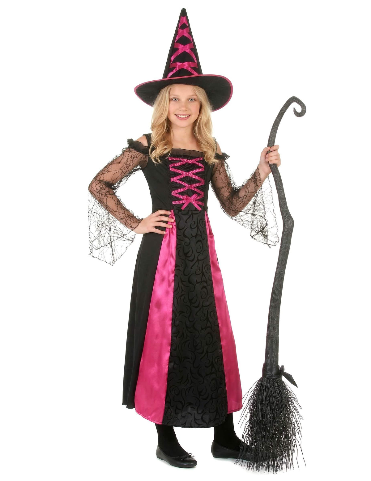 Edestä näkyvä halloween-noitapuvun hammastettu hattu ja luuta kanssa