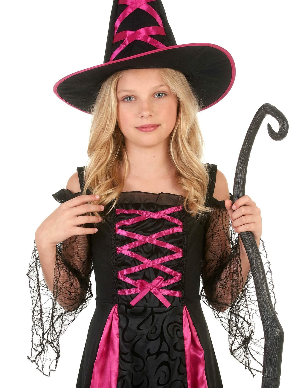 Lähikuva noidanasun yläosasta ja hatusta, jossa on pitsireunus halloween