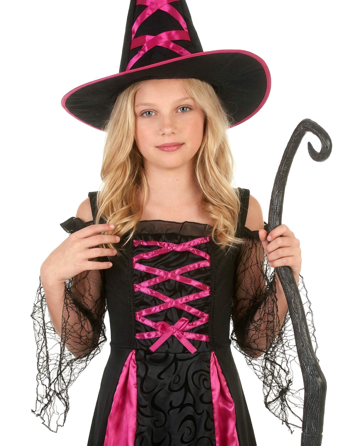Lähikuva noidanasun yläosasta ja hatusta, jossa on pitsireunus halloween