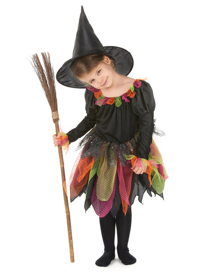 Déguisement de sorcière pour enfant noir et multicolore avec chapeau pointu