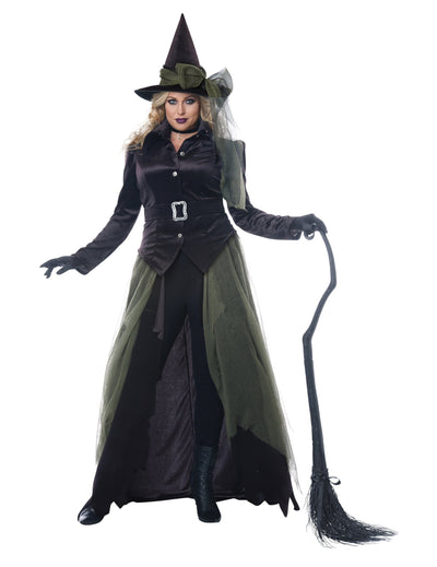Déguisement sorcière gothique pour femme noir et vert avec chapeau pointu