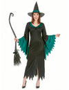 Déguisement de sorcière longue pour femme noir et vert avec chapeau pointu