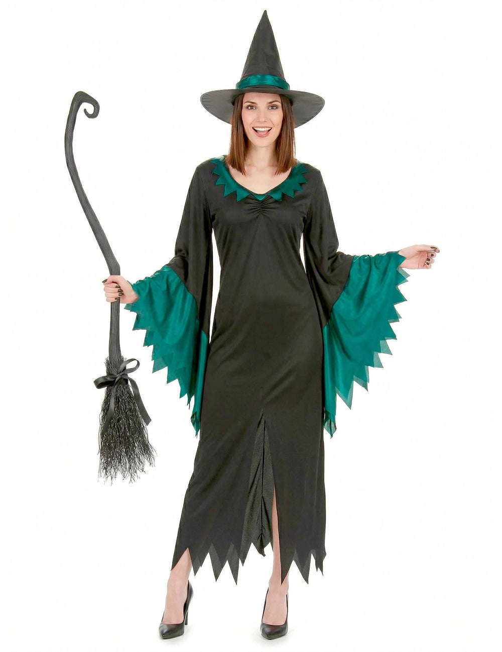 Déguisement de sorcière longue pour femme noir et vert avec chapeau pointu