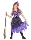 Déguisement de sorcière poussière d'étoiles pour fille violet et noir avec mini chapeau