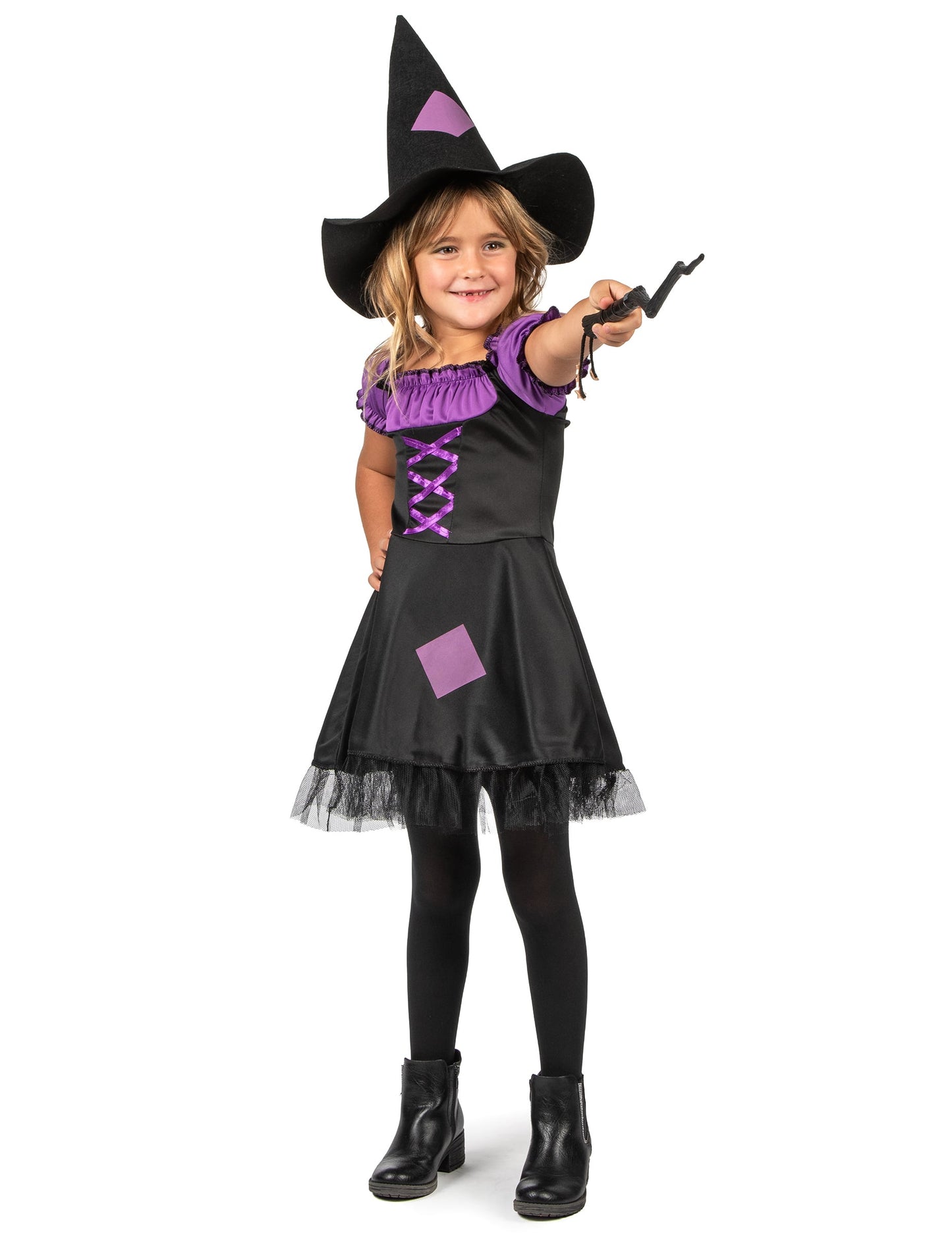 Déguisement de sorcière pour fille violet et noir avec chapeau