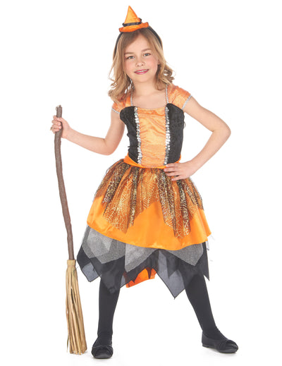Déguisement de sorcière voile d'araignée pour fille orange et noir avec serre-tête chapeau