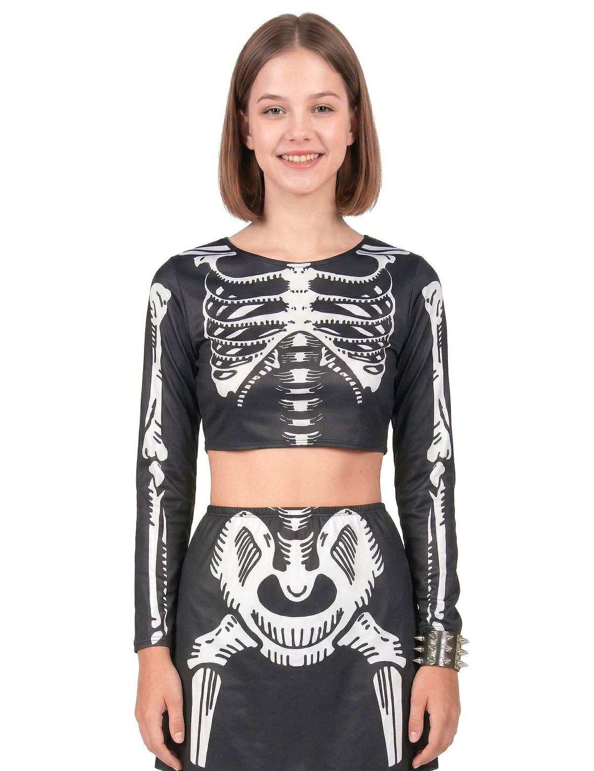 Détail de l'imprimé ossements du déguisement de squelette crop top