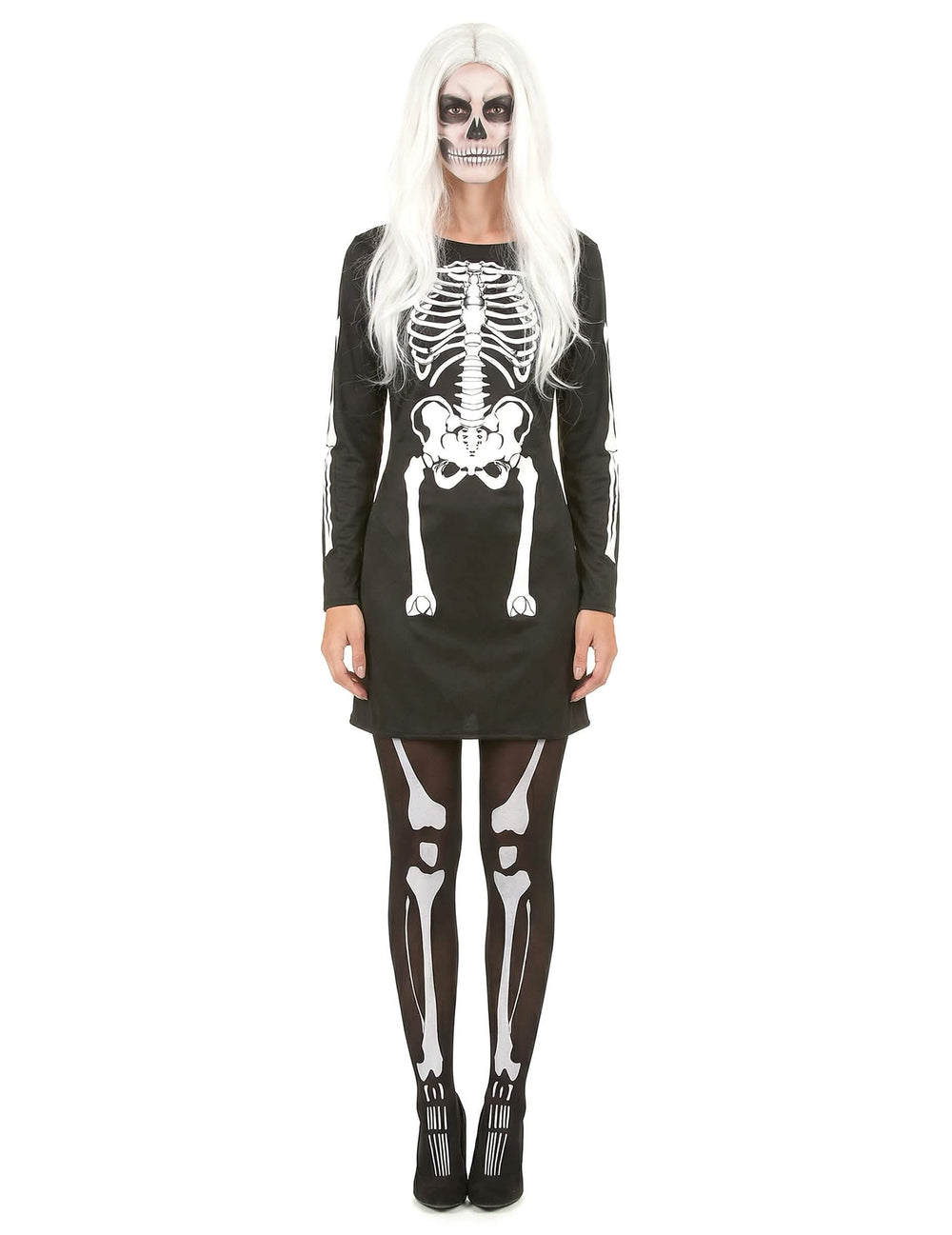 Déguisement squelette pour femme noir et blanc avec robe et collants