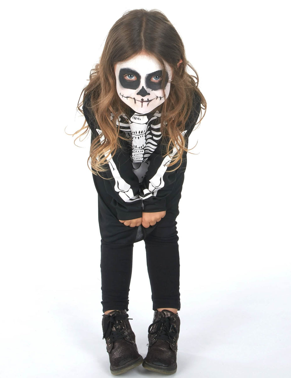 Vue de face penchée en avant du déguisement squelette Halloween pour fille
