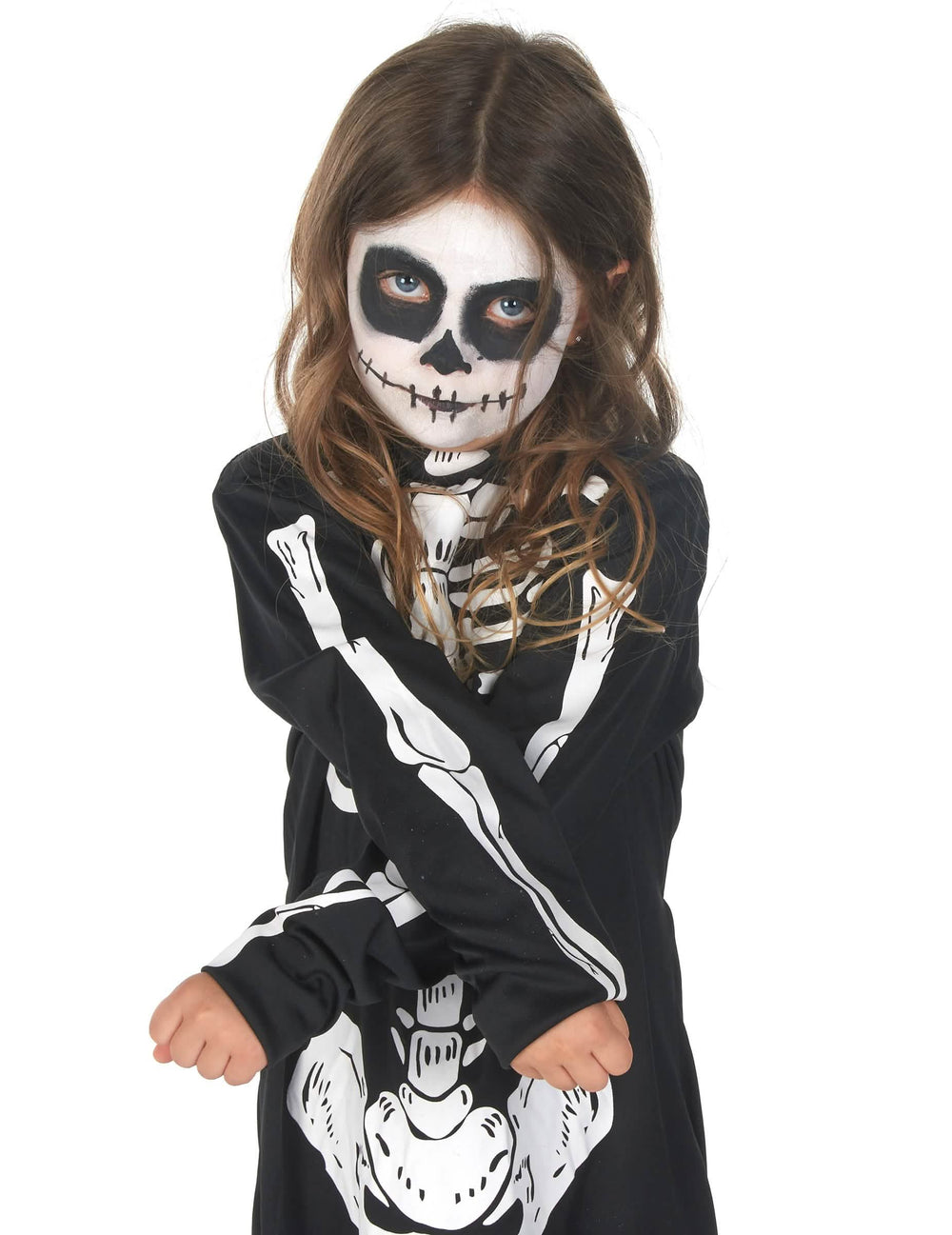 Détail des bras croisés du déguisement squelette Halloween pour fille