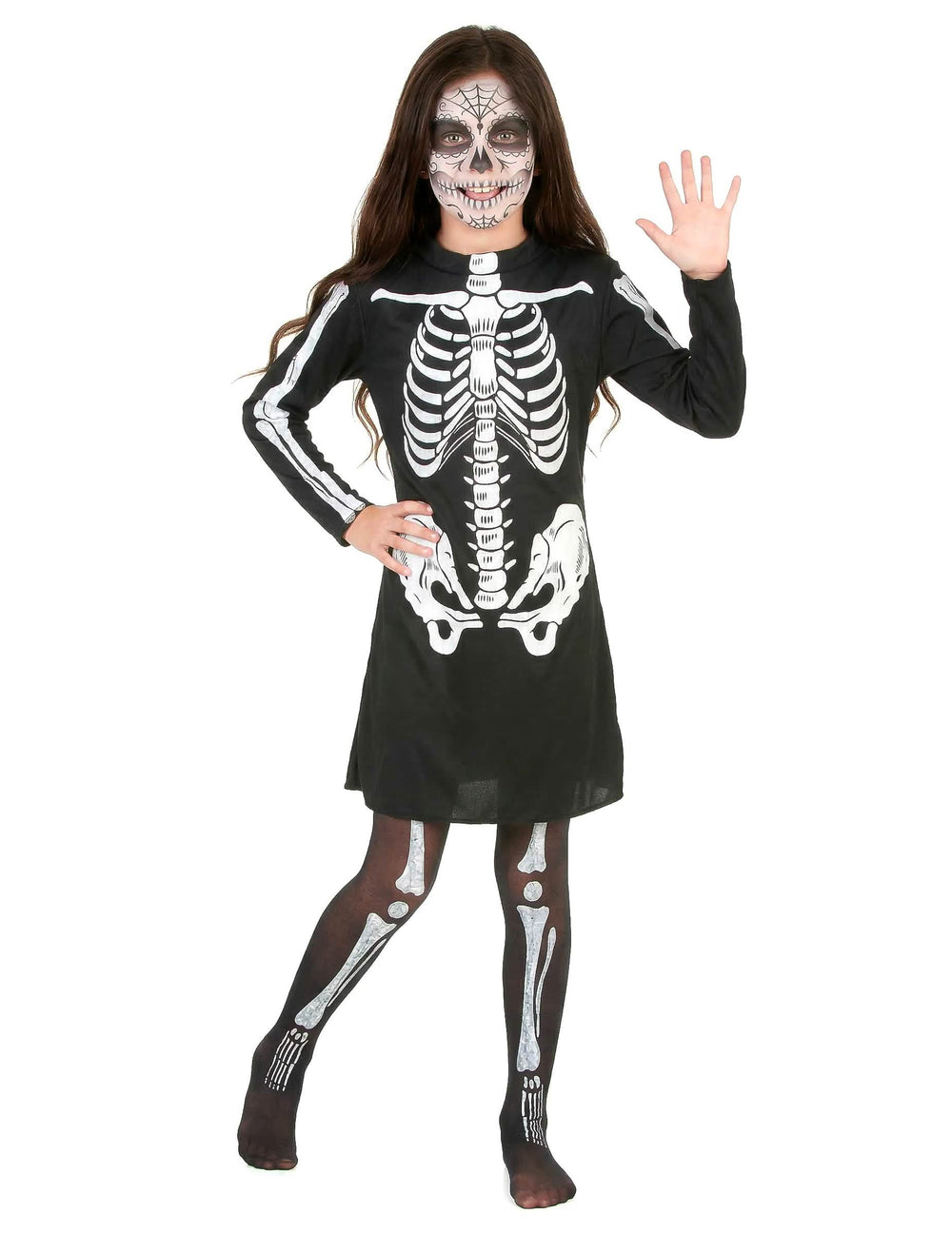 Déguisement de squelette Halloween pour fille noir et blanc avec robe et collants