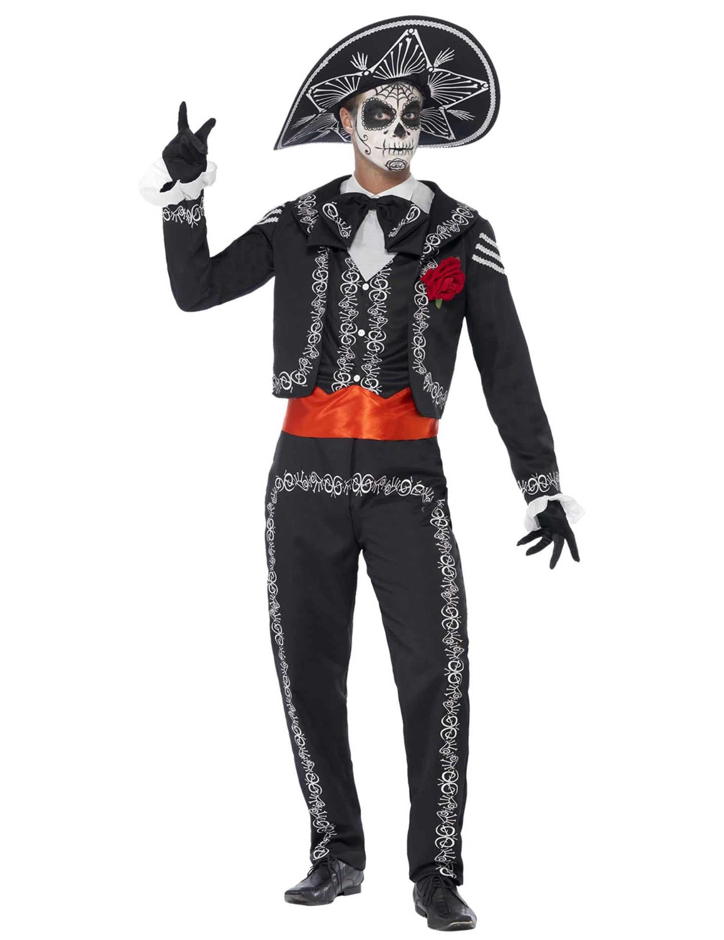 Vue de face du déguisement squelette mexicain Dia de los muertos pour homme