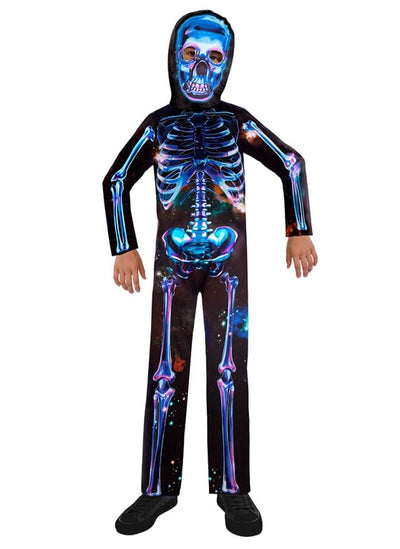 Déguisement de squelette néon en tissu recyclé pour enfant bleu et noir motif galaxie