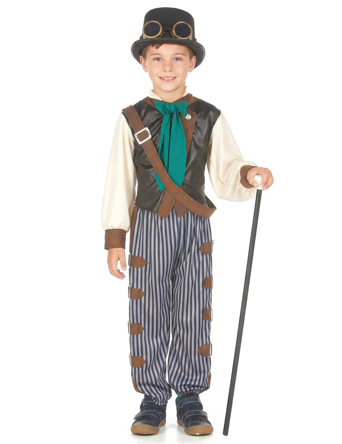 Edestä näkyvä steampunk-dandy-puku lapsille, jossa on keppi