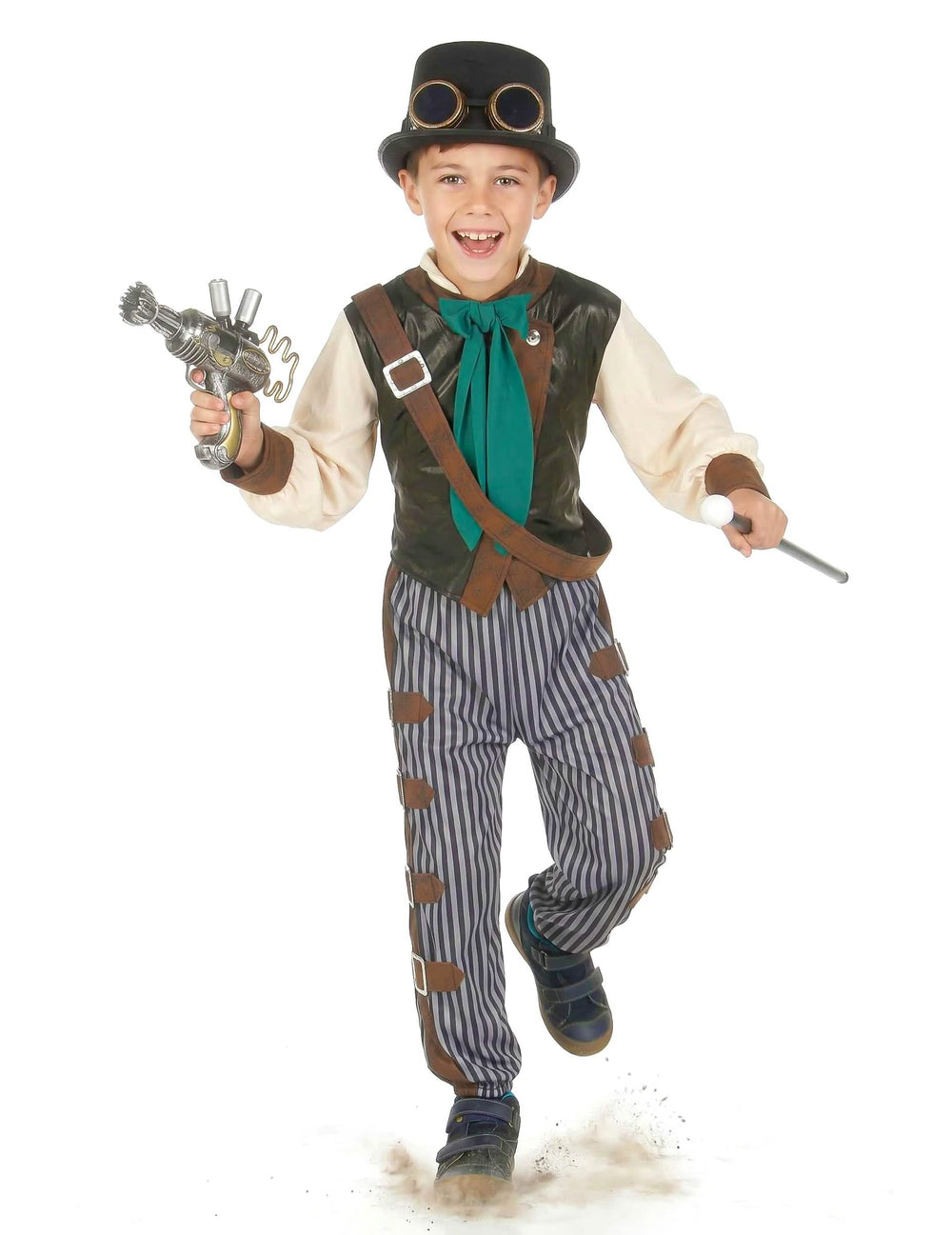 Lavastus lelupyssyt ja kävelykeppi lapsille tarkoitettuun steampunk-dandy-pukuun