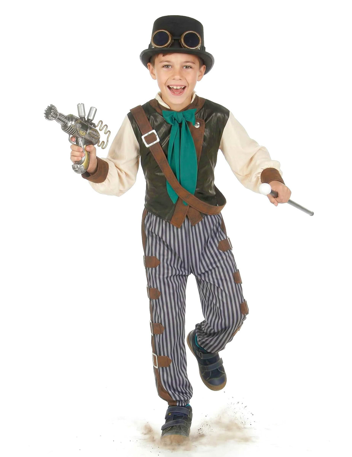 Lavastus lelupyssyt ja kävelykeppi lapsille tarkoitettuun steampunk-dandy-pukuun