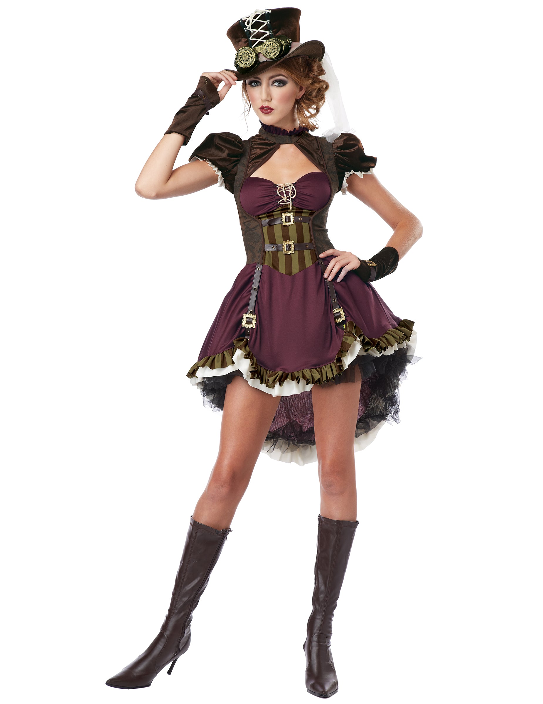 Déguisement steampunk pour femme bordeaux avec haut-de-forme et lunettes