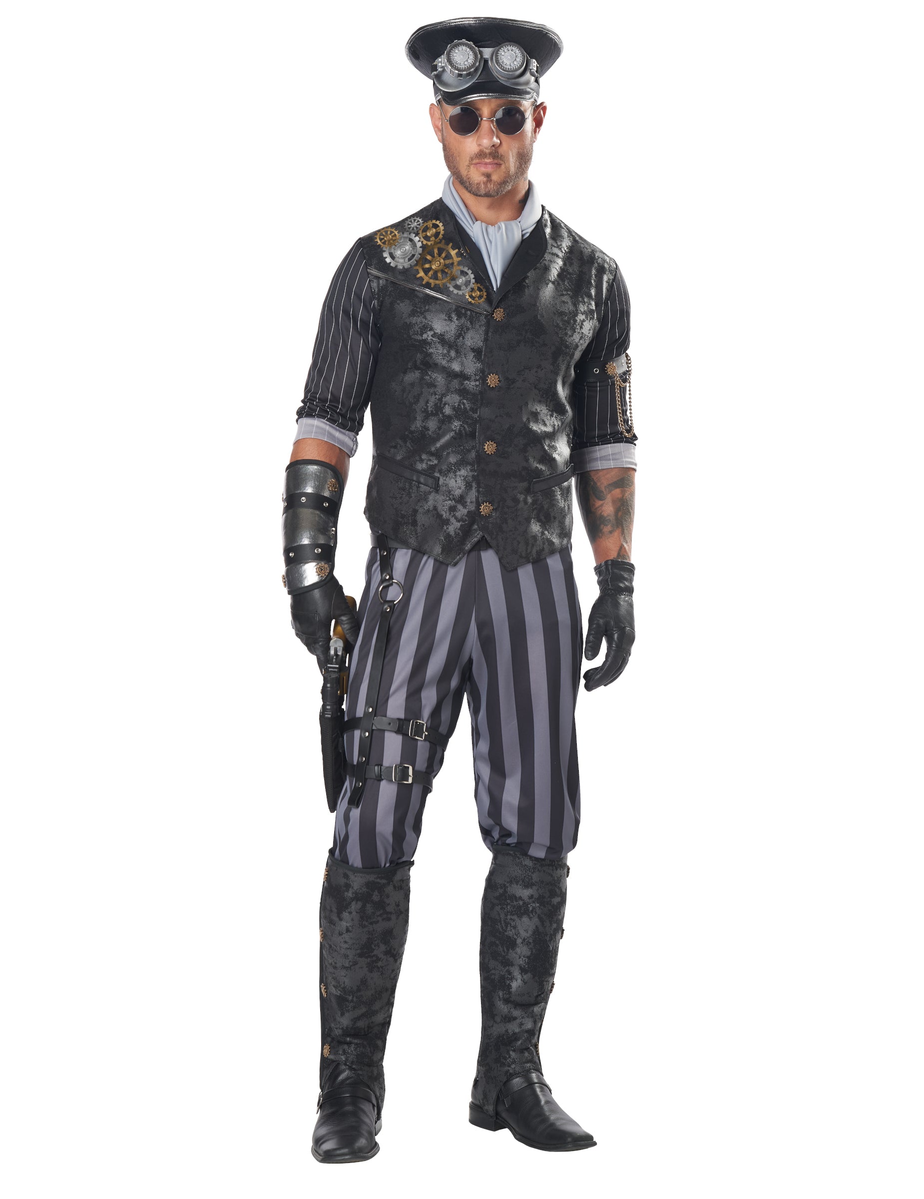 Déguisement capitaine steampunk pour homme noir et gris avec détails d'engrenages